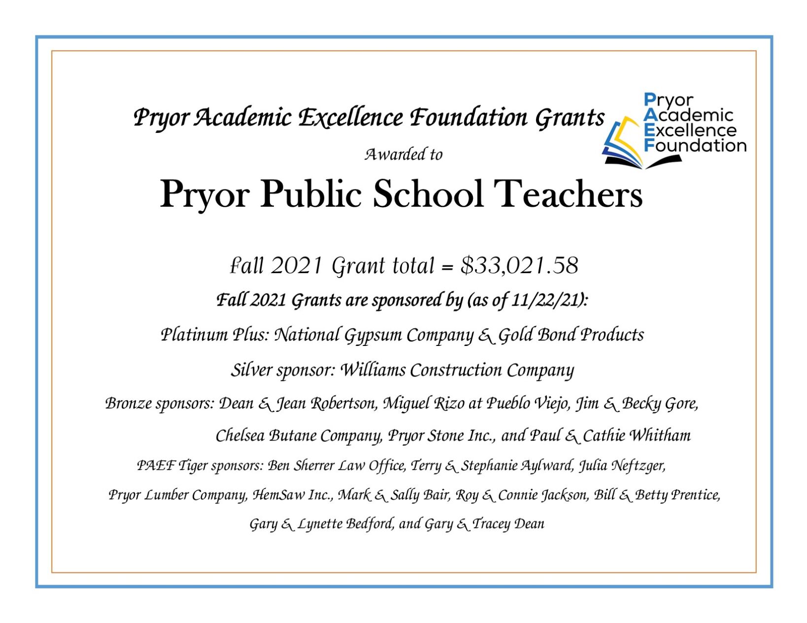 Fall PAEF Grant Certificate